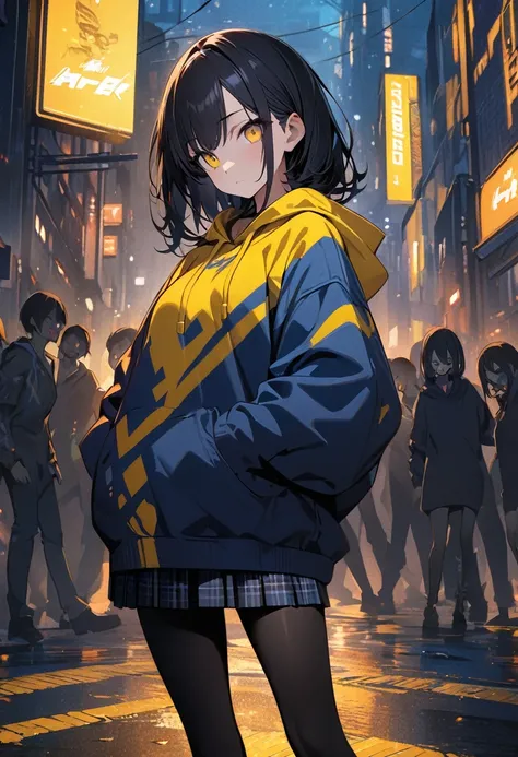 (BEST QUALITY), (MASTERPIECE), illustration, Extremely_detail, 4k wallpaper , midnight, 1 girl, tall girl, yellow street hoodie, black plaid skirt, black tights, blue jeans, 1 , black Hair, long bob hair, yellow eyes, cute, beautiful, holding a knife, Back...