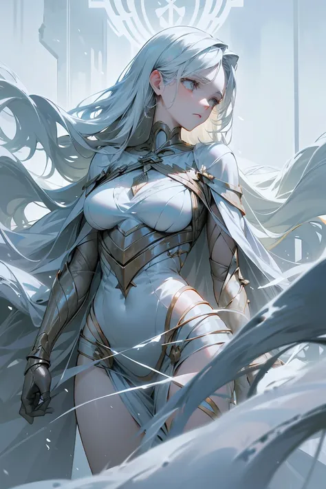 A towering female titan, reminiscent of Atlas from Greek mythology, stands with snow-white hair flowing around her imposing figure. Her silver eyes reflect the weight of the world she bears, shining with both power and sorrow. Her expression is one of reso...