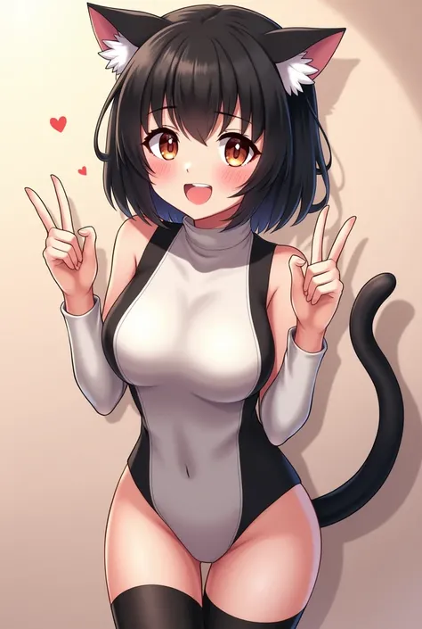 Beautiful woman wear turtleneck bodysuit and black socks black Pointy Fluffy Ears and Flustered Heart Eyes Face The eyes are heart shaped and white skin and let her be like anime and raise two finger and black cat tail and Short Wolf Cut(Black) see the who...