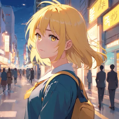 Manhwa Art, Female, Cute and Beautiful Features, Tall, Hot and Sexy, Yellow hair, Background School, School Uniform, Seductive looks,Front Profile, looking like shes anooyed in someone but is actually interested 