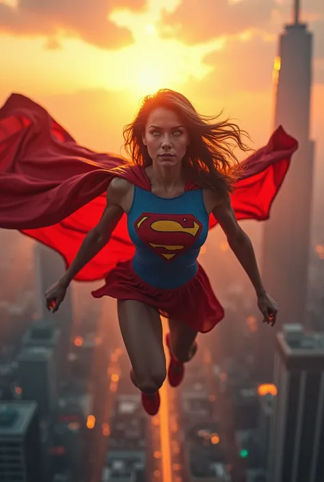 A woman in a 1980s Superman movie costume, floating high above the city, sunlight streaming through the clouds, dramatic pose, cinematic lighting, colorful cityscape below, gritty urban environment, intricate details, hyper-realistic, 8k, cinematic, dramat...