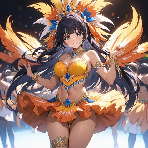 ((Highest quality)), ((masterpiece)), (detailed), （Perfect Face）、The woman is Reika Aoki with semi-long hair、A woman is dancing samba passionately and attractively in a samba costume at the Rio Carnival