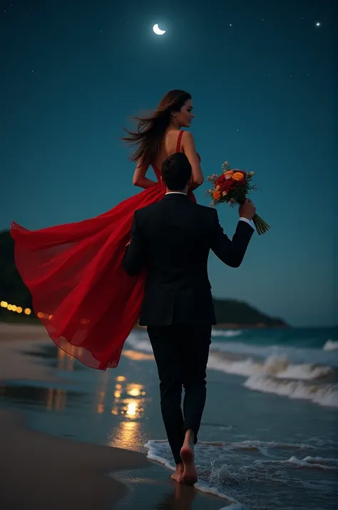 Beach proposal , night time, men carrying his women in his shoulder with one hand, and other hand holding the bouquet walk-in on beach , women in red gown men in black suit