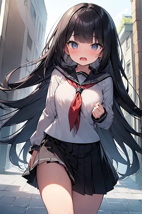 (Masterpiece, Top quality:1.5), nsfw, (dynamic angle:1.2), (1 beautiful girl, solo:1.2), (big eyes:1.3), (black sailor suit, black pleated skirt:1.2),  (black hair:1.3), long Hair, straight Hair, asymmetry bangs, swept bangs, , shy:1.1, blush:1.2, beautifu...