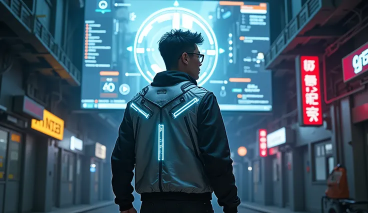 Asian male character stands in front of a large screen displaying a square logo with the words "UrBox", waiting for a sign of connection. Outfit: Silver tech vest, flashing LED lights around, wearing glasses. Setting: Narrow space, street filled with robot...