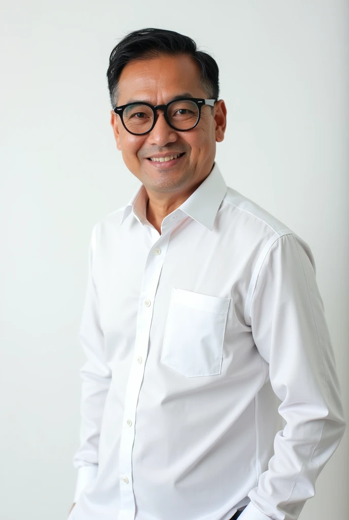 Create studio photos, 1 Indonesian man wearing a white shirt and glasses is standing