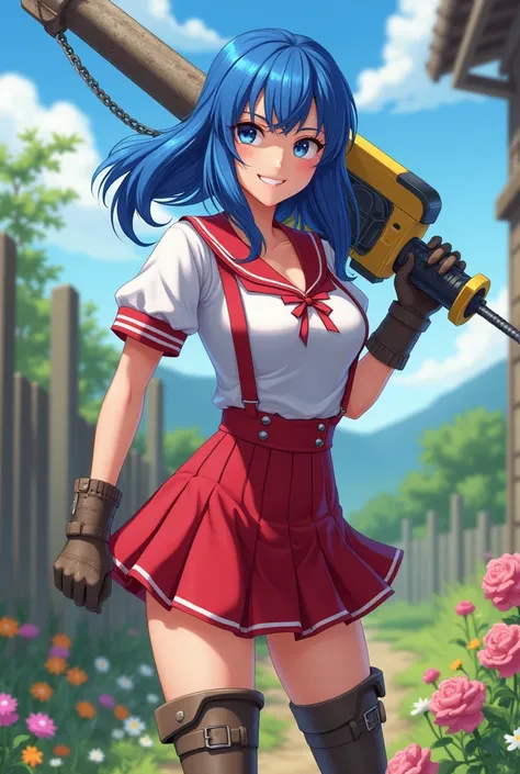 Beautiful girl woman blue hair holding a full hole saw wearing over duct showing red and white schoolgirl outfit soldier boot glove big smile voluminous breasts simple neckline slender body countryside landscape with flowers