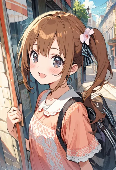 1girl,10yo,brown hair,black eyes, (red round eyewear), side ponytail,smile, blushful, BREAK anime style, super fine illustration, highly detailed, dynamic angle, beautiful detailed, 8k, On a summer afternoon under the blazing sun in a city street, BREAK a ...