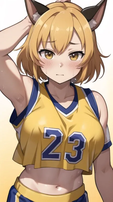 A close-up of a person wearing a basketball uniform, a picture, inspired by Kentaro Miura, trend on pixiv, Kugisaki Nobara, Jujutsu Kaisen, wearing the yellow NBA jersey, yellow nba crop top t-shirt, wearing a low cut crop top, Using croptop, croptop, The ...