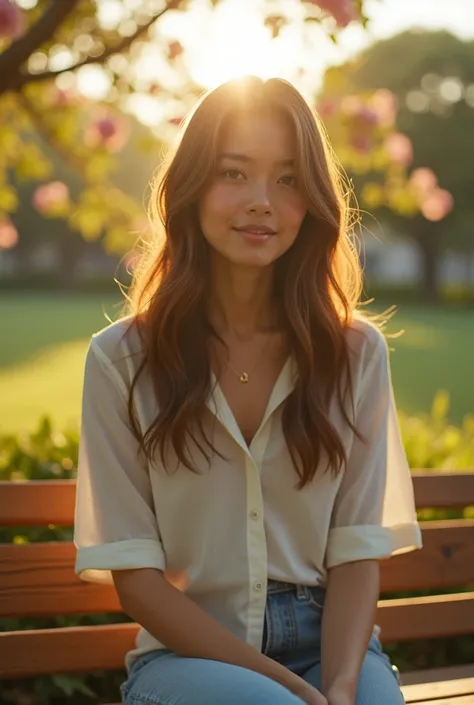 An ultra-realistic photograph captured with a Sony α7 III camera, equipped with an 85mm lens at F 1.2 aperture setting, portraying a young woman sitting on a wooden bench in a sunlit park. The background is beautifully blurred, highlighting the subject. Th...