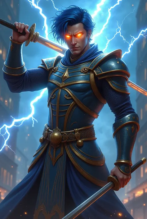 Swordman with katana sword, armor like knight and style like egypt warrior without hood and have lightning power, with flaming eyes emitting lightning, and short black blue hair