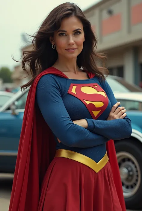 (((very beautiful old Supergirl (((1980s costume))) Julie Hagerty(((dark-haired, large-breasted woman in her 50s)))) Super woman Julie Hagerty; confident, powerful, indestructible, attractive; big and firm chest; strong breasts; arms crossed, carrying a bi...