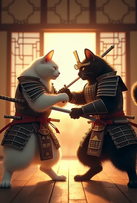 There are two cats in a wooden floor room, soft yellow light, two tall, big white and black cats, both wearing samurai armor, the black cat draws his sword and fights with the white cat