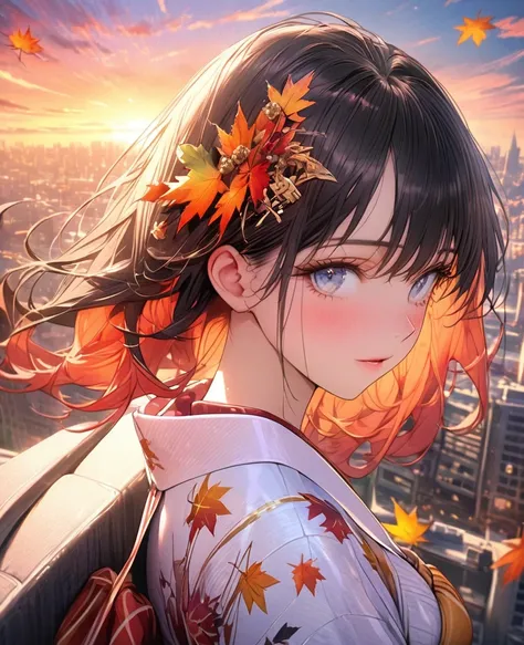 8k,Ephemeral beauty，Lonely、Very delicate and beautiful,Beautiful and realistic skin,,Black Hair、Long and colorful hair,Beautiful Eyes,good,Beautiful sunset、カジュアルなautumn服、autumn、city、I&#39;Don&#39;t wear hair clips
