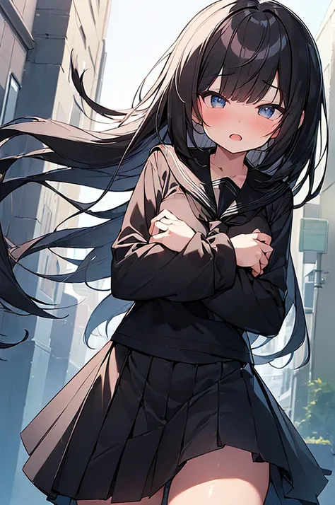 (Masterpiece, Top quality:1.5), nsfw, (dynamic angle:1.2), (1 beautiful girl, solo:1.2), (big eyes:1.3), (black sailor suit, black pleated skirt:1.2),  (black hair:1.3), long Hair, straight Hair, asymmetry bangs, swept bangs, shy:1.3, blush:1.2, beautiful ...