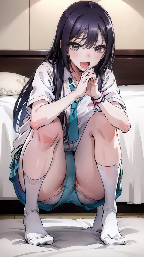 (((Inject with a syringe, Vaccinating))),(((in the hotel,on the bed))),8k,ultra high quality,A shy smile,(((three-quarter socks,white))) ,shirase_sakuya,(idol_m@ster/), sparkling lights,(casual wear:1.3),open mouth,smile, Smiling with teeth showing ,enjoy,...