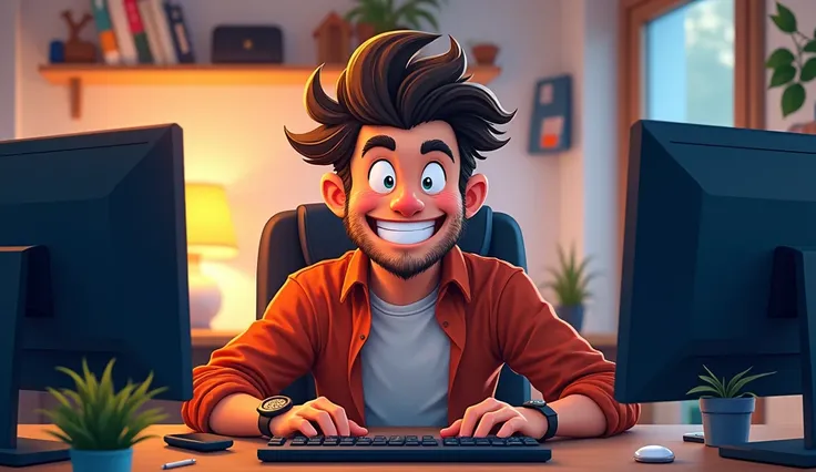 office,IT компания, house, A man of about 2, sitting at the computer, cheerful smile, hooligan, disheveled hairstyle