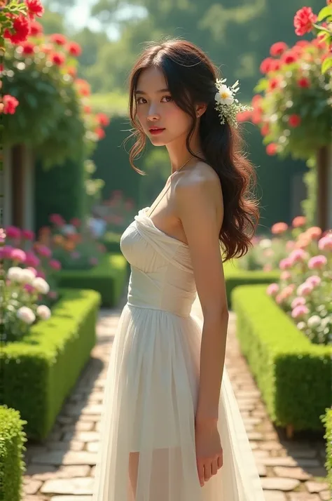 A hot gril in white dress in garden 