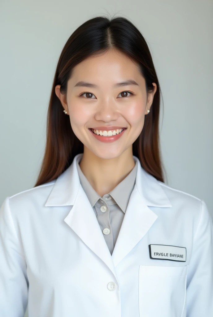 A pretty lady wearing a white psychology uniform for ID picture.


