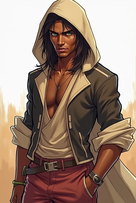 Male character. Dark skin. Green eyes.