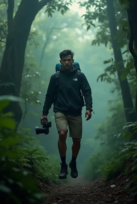 A full body, cinematic portrait of a Malay-looking man with short hair wearing boots. He is 170 cm tall and weighs 70 kg. He is wearing a shorts and jacket and a North Face backpack, standing in a rainforest. He is an outdoor photographer. The background h...