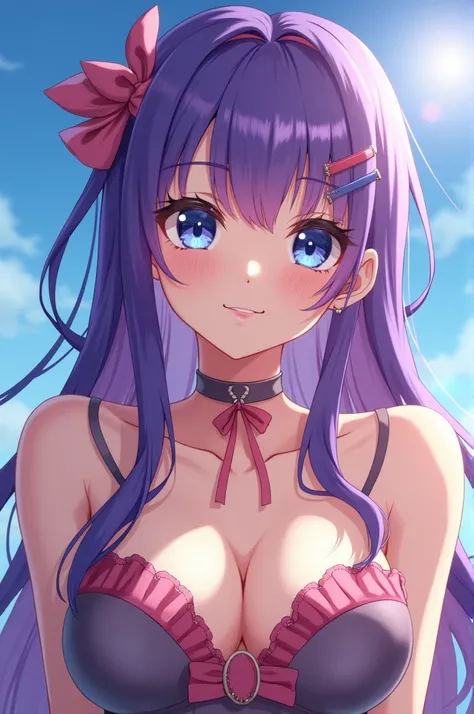 Anime with purple hair and big tits blue eyes sexy and very beautiful with big ass