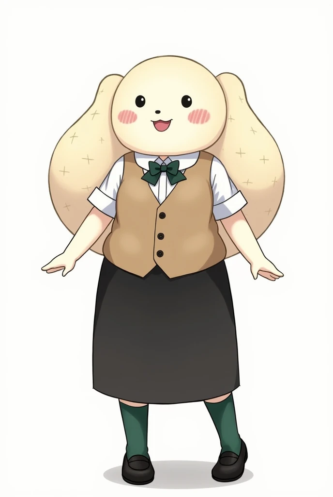 ((Highest quality)), ((masterpiece)), (front), A female pufferfish is wearing an off-white collared short-sleeved shirt, a light brown vest, a knee-length black skirt, dark green socks, and black shoes., Background is white
