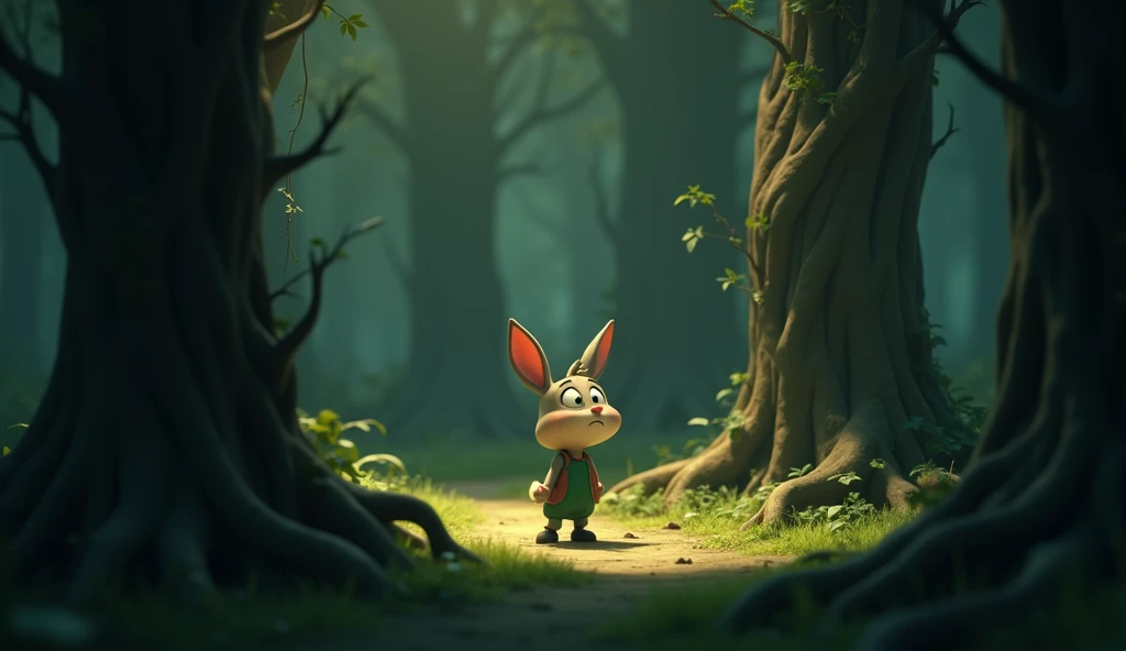 In 3d animation story "TukTuki, the bunny, looking confused and a bit scared, as it realizes it has lost its way deep in the forest. The dense trees around it cast long shadows, and the bunny’s ears are slightly drooping with worry. The background has dark...