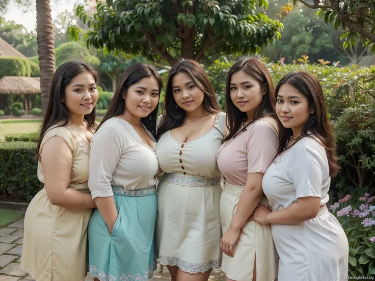 (small group of fat girls,smile, detailed eyes,perfect eyes,perfect hair), Indonesian, traditional clothes, skirt, cleavage, busty, ((double chin)), chubby body, overweight, (oils on canvas:1.2),(beautiful garden background:0.9),(best quality,ultra-detaile...