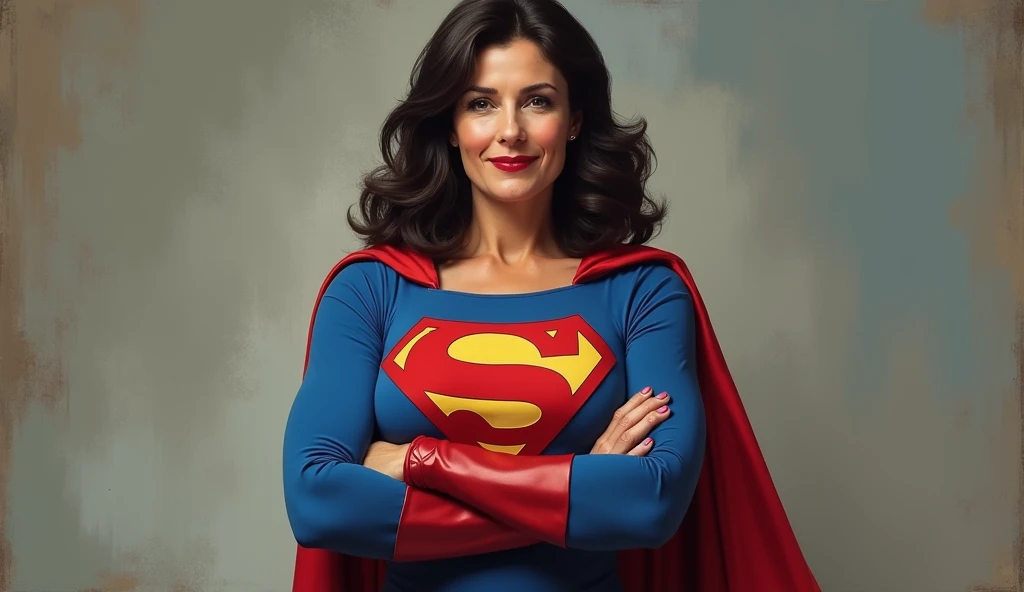 (((very beautiful old Supergirl (((1980s costume))) Julie Hagerty(((dark-haired, large-breasted woman in her 50s)))) Super woman Julie Hagerty; confident, powerful, indestructible, attractive; big and firm chest; strong breasts; arms crossed