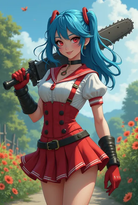 Beautiful blue haired woman girl holding a chainsaw in her hands, chainsaw with large teeth, full cup wearing over duct showing red and white schoolgirl outfit soldier boot glove big smile voluminous breasts simple neckline slender body countryside landsca...