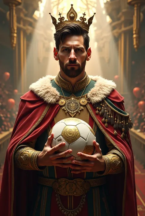 Messi as a king with his hingdom a football in his hand