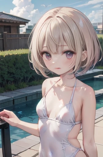 Highest quality、Complete limbs、Full Finger、Slender beauty、Bobcut、Hime cut、White Shosk Swimsuit Only、Small eyes、fly in the sky、Aerial、Japanese pattern,Large Breasts