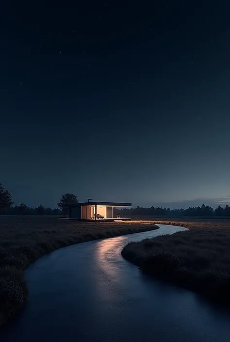 A road to a modern house in an open place at. Night 