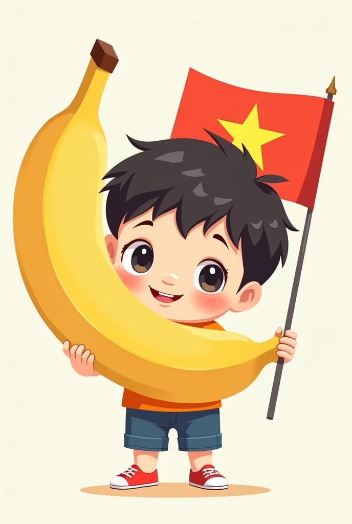 Create a chibi image of a boy holding a Vietnamese flag in one hand and a very large banana in the other hand
