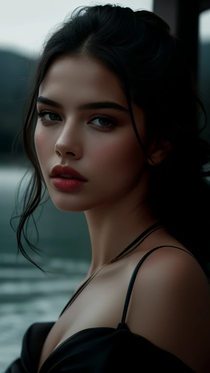 Intense portrait captures the essence of physical beauty, Sharp focus on the subject, intriguing sensual woman, (Adriana Lima:0.8), detailed eyes lips face hair, cinematic lighting, river,masterpiece,Dolby Vision,shot on canon eos r1