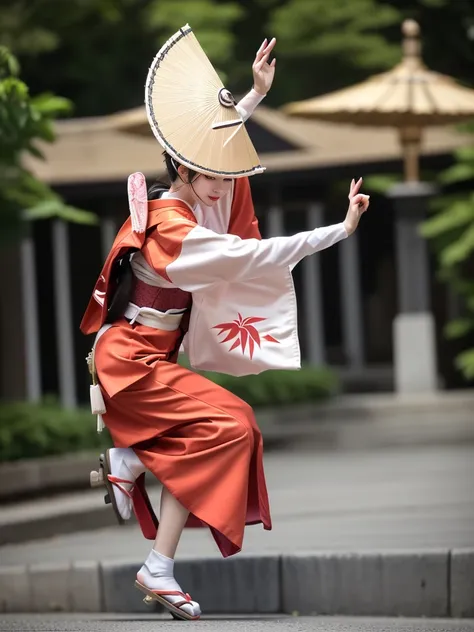 photo-realistic quality、a woman wearing a pale pink kimono and a hat is in the park,white sleeves、 traditional japanese kimono, ...