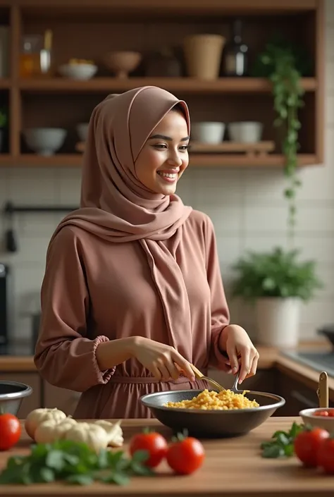 beautiful indian girl,hijab,(Best quality, 8k, 32k, perfect body, ultra detailed body)cooking, smilling,kitchen background