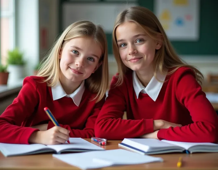 Developing cultural and intellectual skills, education according to the curricula prescribed for students ,  receiving information in the classroom, a close-up picture of a 2  swedish  students  wearing a  red uniforms  sitting on a school desk, performing...