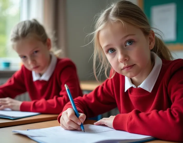 Developing cultural and intellectual skills, education according to the curricula prescribed for students ,  receiving information in the classroom, a close-up picture of a 2  swedish  students  wearing a  red uniforms  sitting on a school desk, performing...