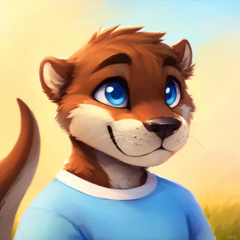 a close-up of an anthropomorphic and cute otter, happy, blue eyes, dressed with casual clothes, closed smile, bright blue sky ba...