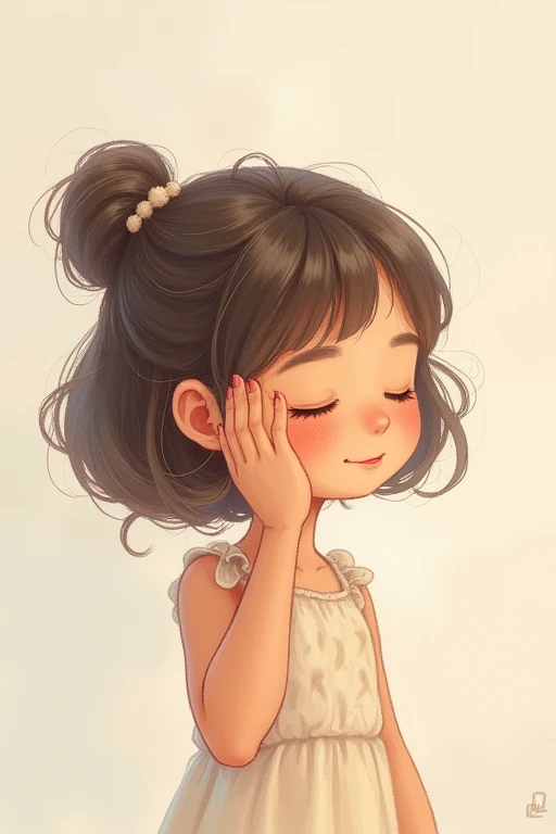 A cute  is smiling with her eyes closed and holding her hand to her ear, listening carefully。Soft lines drawn with pastels