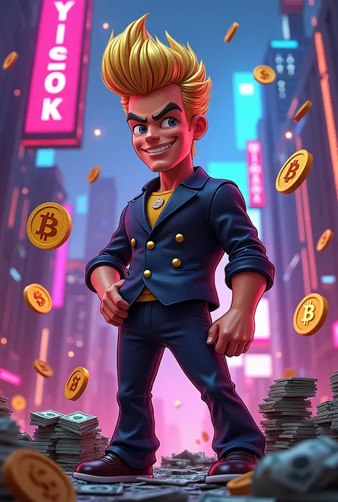 Johnny bravo with doge coin bitcoin solana coin and bundles of dollars 