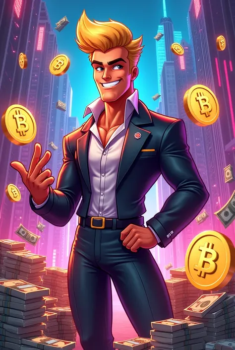 Johnny bravo with doge coin bitcoin solana coin and bundles of dollars 