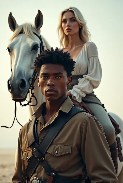 young black man in front, Black hair and white woman behind blue eyes riding a white horse