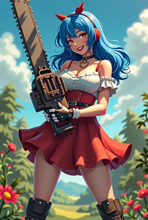 Beautiful blue haired woman girl holding a chainsaw in her hands, chainsaw with large teeth, full cup wearing over duct showing red and white schoolgirl outfit soldier boot glove big smile voluminous breasts simple neckline slender body countryside landsca...