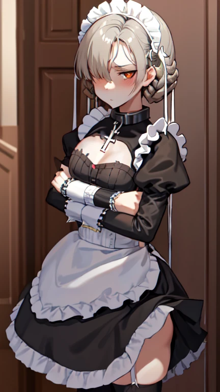 maid secretary: short grey emo hair , brown squinty eyes,serious face very diligent with small young cross  (tipo sheffield) arm...