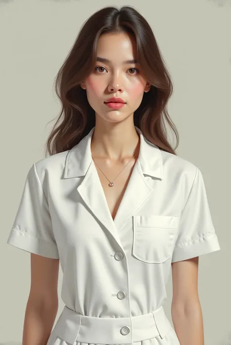 A pretty lady wearing a white psychology uniform for ID picture. Realistic. Light. Pink lips. Hazel brown eyes. Brown hair. Light skin. Perfect teeth. Long nose. Perfect face. Realistic old oil painting style. Whole body 



