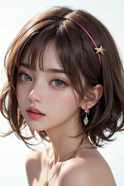 face focus, cute, masterpiece, best quality, 1girl, solo, jewelry, blonde hair, hair ornament, earrings, hairclip, looking at viewer, portrait, short hair, white background, parted lips, blush, bangs, simple background, signature, necklace, virtual youtube...