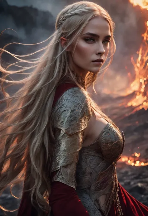  beautiful elven warrior standing in a dark, fiery landscape. She has long, flowing blonde hair styled in elegant braids, and her piercing gaze reflects both strength and determination. She wears an ornate, form-fitting red gown adorned with intricate meta...